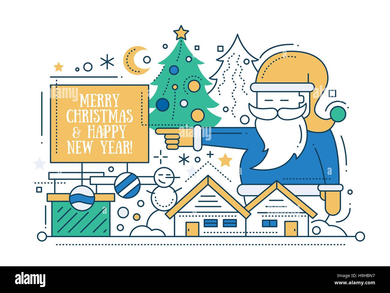 Frohe Weihnachten und Happy New Year flache Bauweise Linecard mit Urlaub Symbole - Weihnachtsbaum, Weihnachtsmann, Schneemann, Haus Stock Vektor