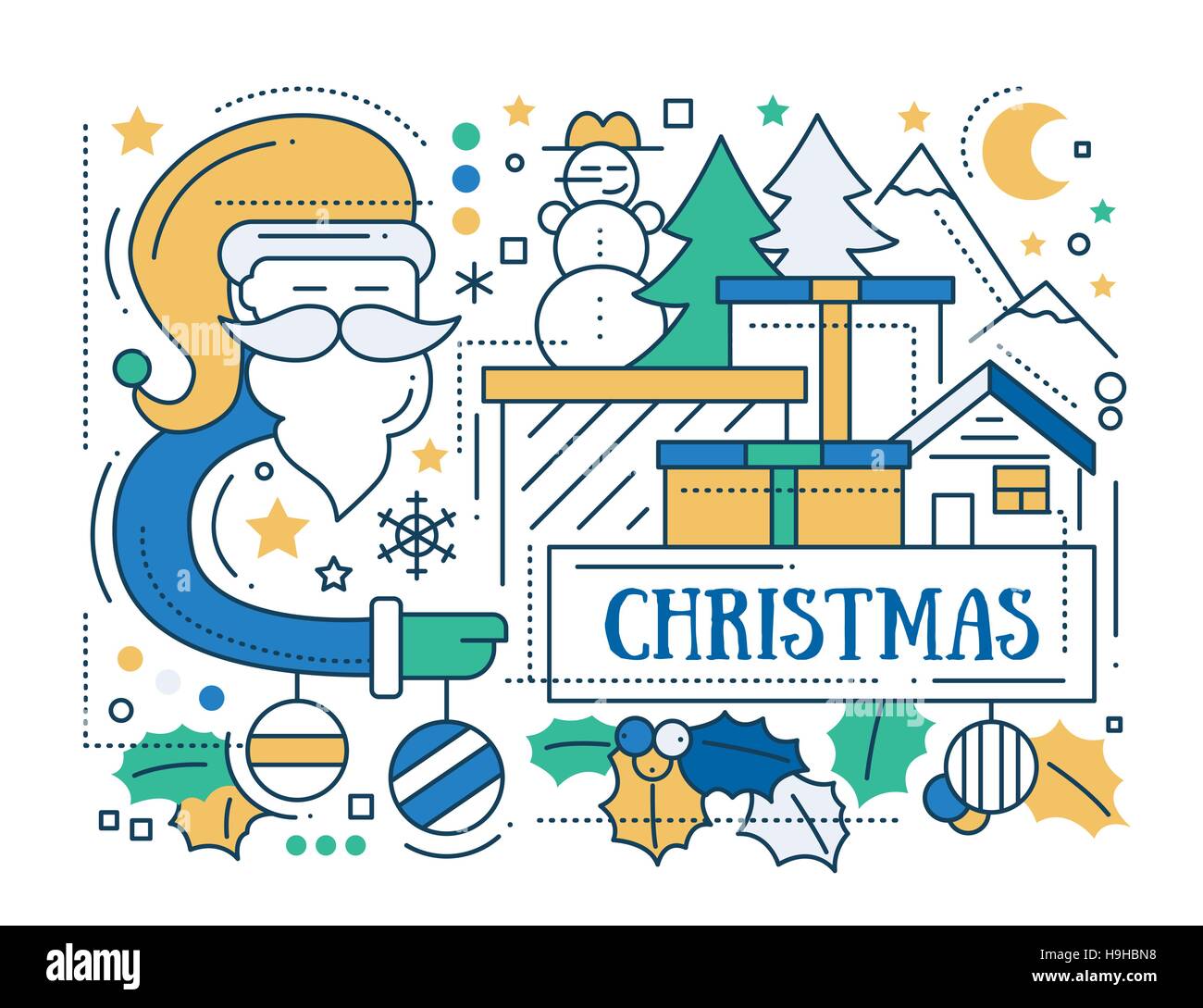 Frohe Linie flache Bauweise Weihnachtskarte mit Urlaub Symbole - Weihnachtsmann, Weihnachtsbaum, Haus, Mistel Stock Vektor