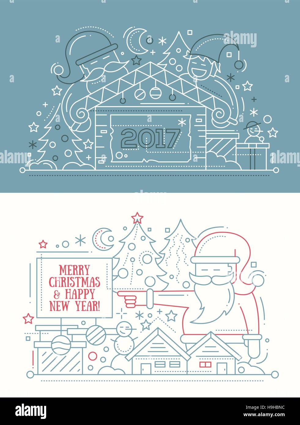 Frohe Weihnachten und Happy New Year plain Design Linecard mit Urlaub Symbole - Weihnachtsbaum, Weihnachtsmann, Schneemann, Haus Stock Vektor
