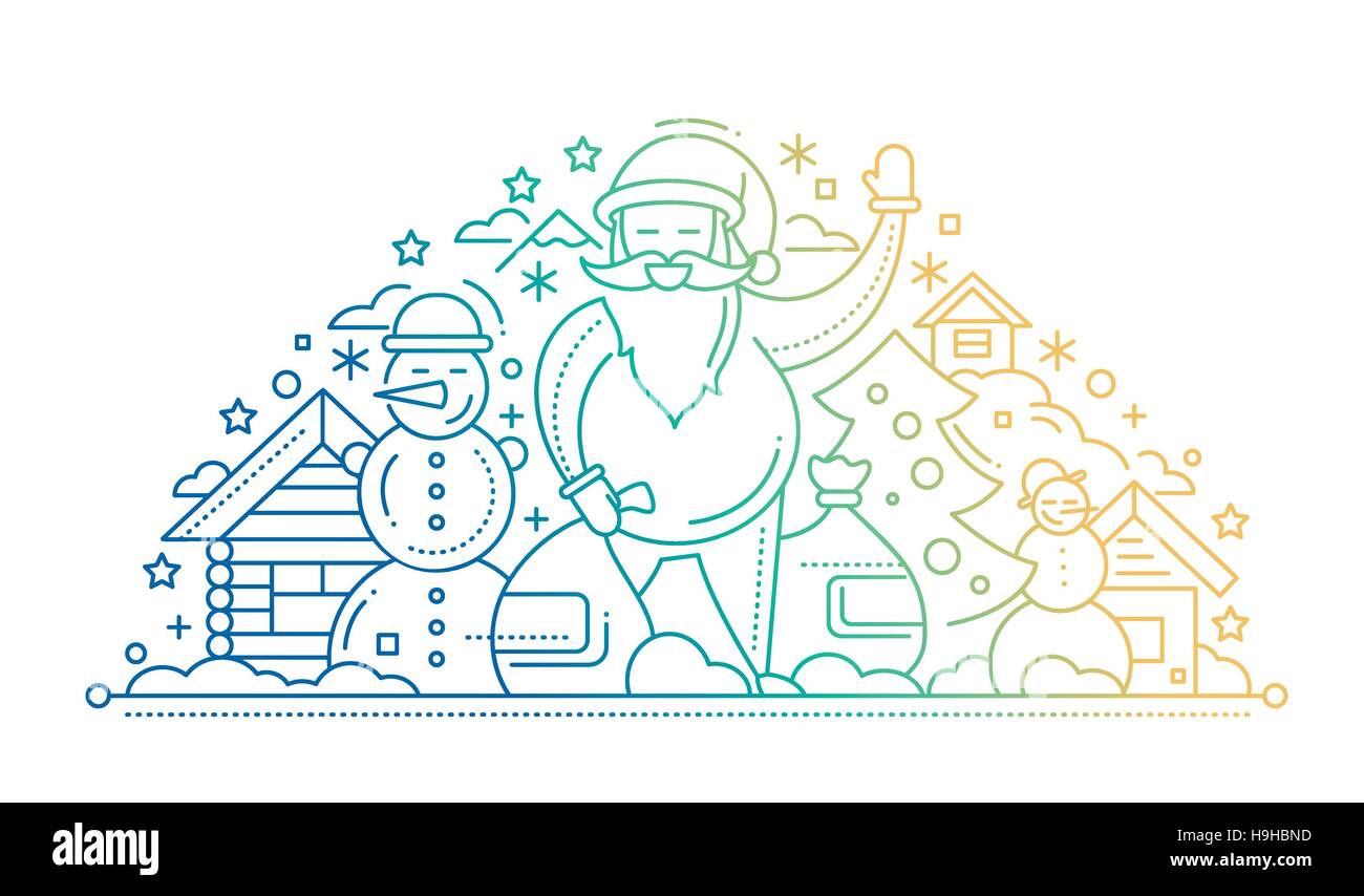 Frohe Weihnachten und Happy New Year plain Design Linecard mit Urlaub Symbole - Weihnachtsbaum, Weihnachtsmann, Schneemann, Haus Stock Vektor