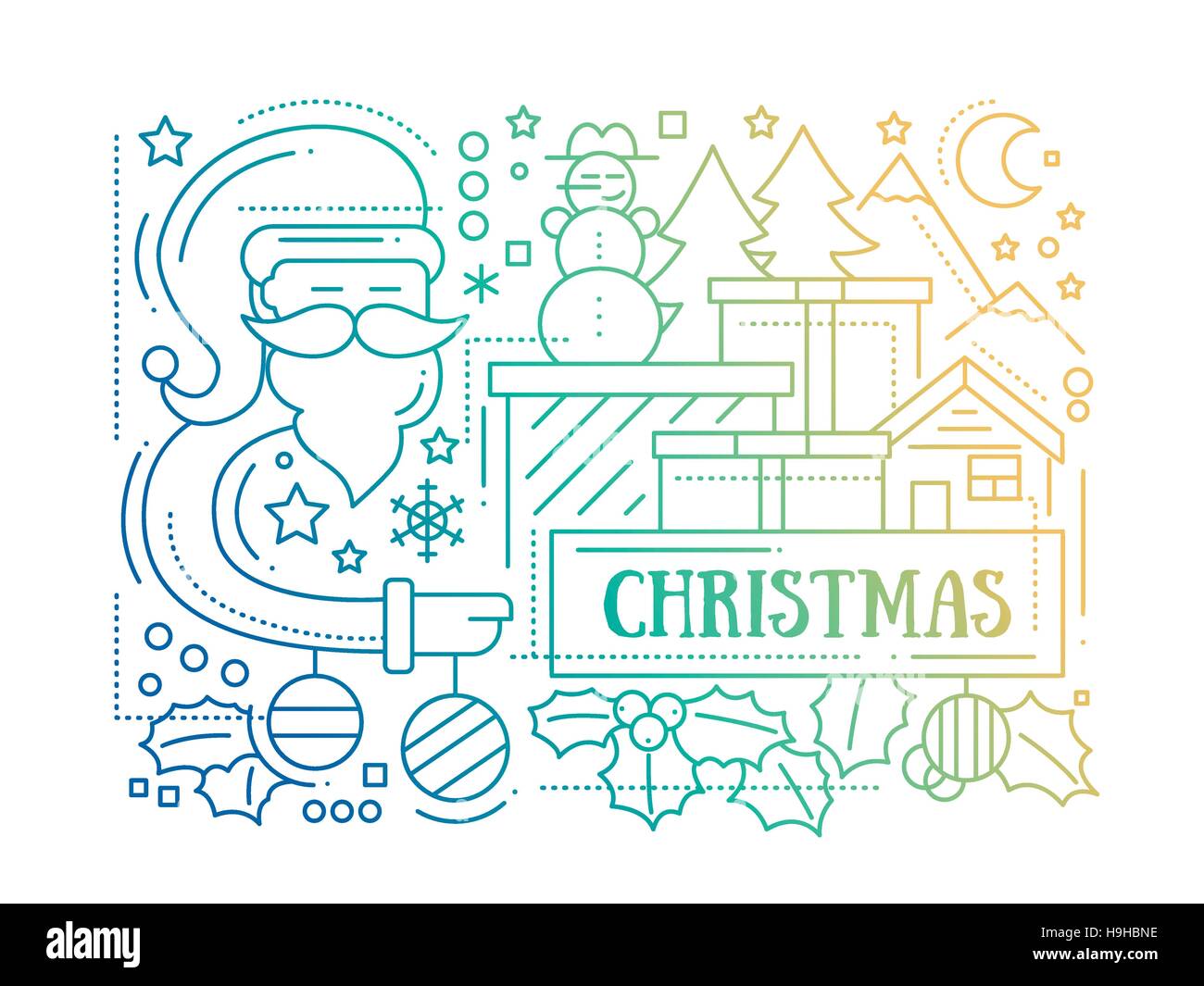 Frohe einfache Linie Design Weihnachtskarte mit Urlaub Symbole - Weihnachtsmann, Weihnachtsbaum, Haus, Mistel Stock Vektor