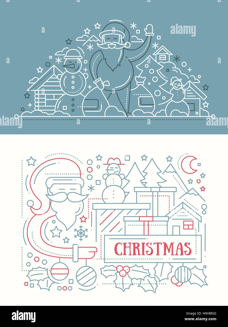 Frohe einfache Linie Design Weihnachtskarte mit Urlaub Symbole - Weihnachtsmann, Weihnachtsbaum, Haus, Mistel Stock Vektor