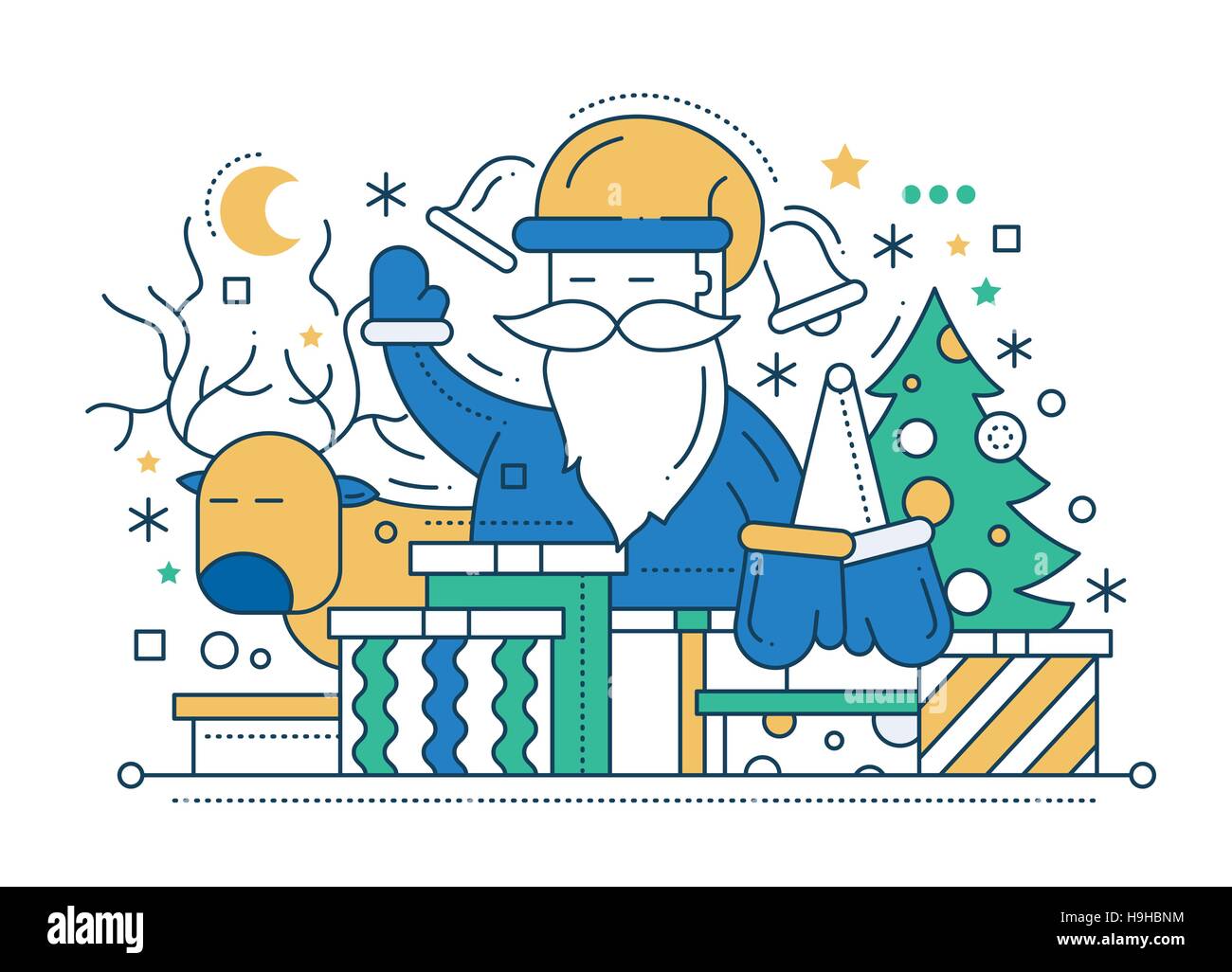 Frohe Linie flache Bauweise Weihnachtskarte mit Urlaub Symbole - Weihnachtsmann, Weihnachtsbaum, Hirsch. Geschenke Stock Vektor