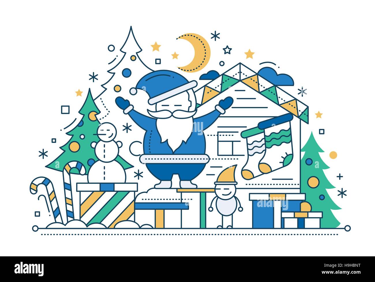 Frohe Linie flache Bauweise Weihnachtskarte mit Urlaub Symbole - Weihnachtsmann, Weihnachtsbaum, Haus. Zuckerstangen Stock Vektor