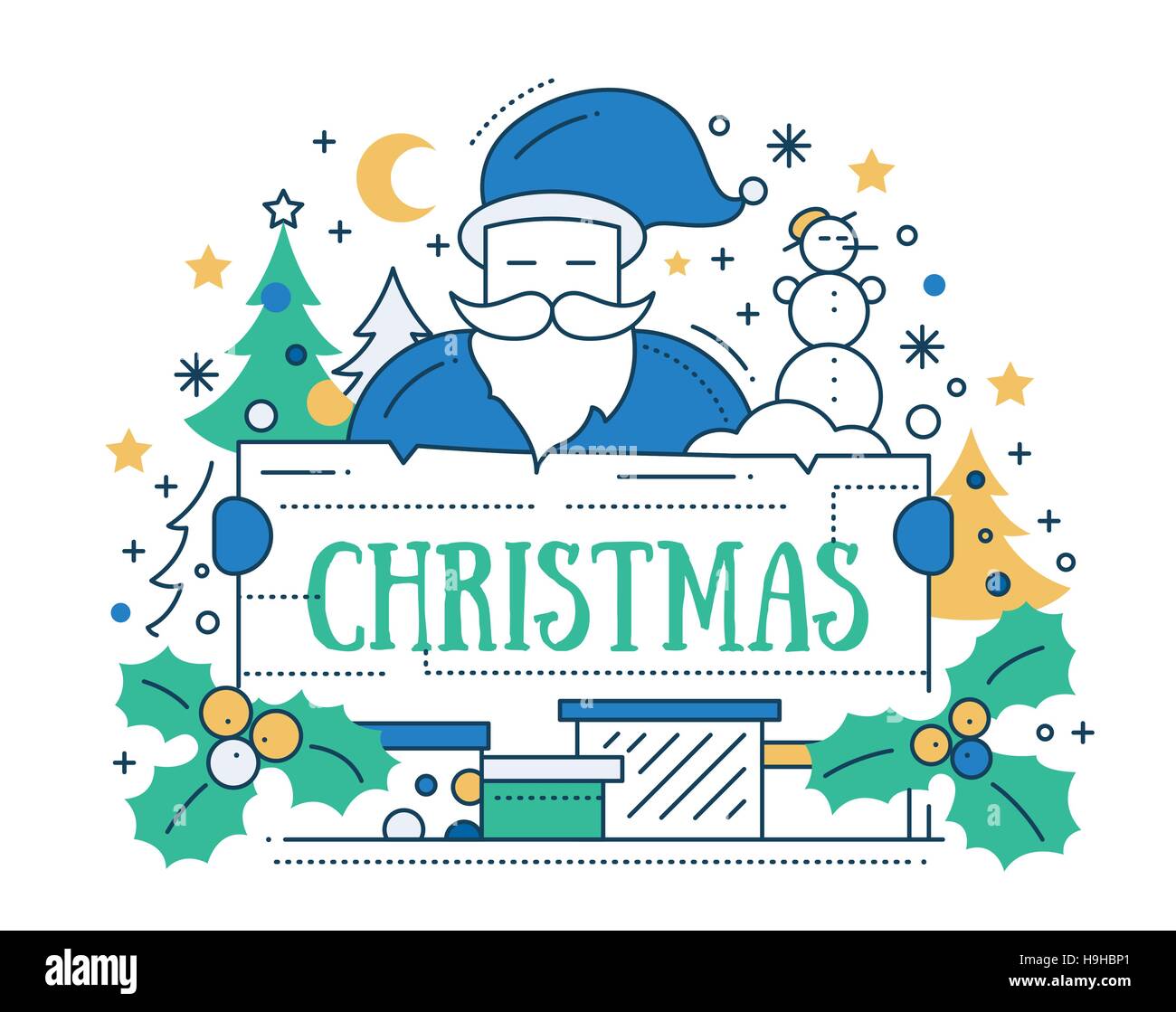 Frohe Linie flache Bauweise Weihnachtskarte mit Urlaub Symbole - Weihnachtsmann, Weihnachtsbaum, Mistel, banner Stock Vektor