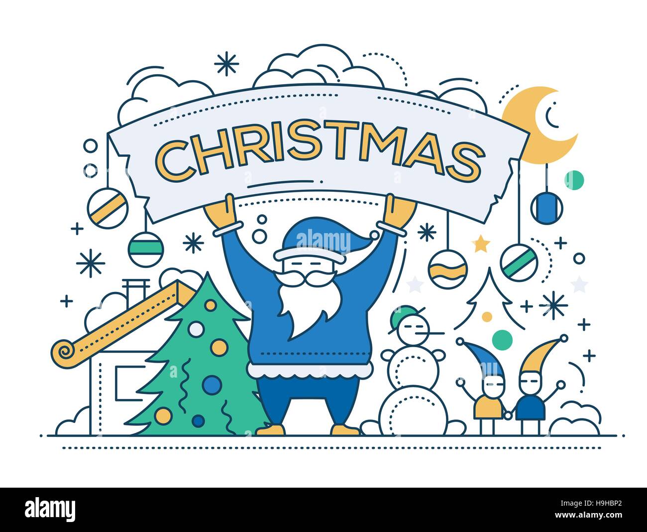 Frohe Linie flache Bauweise Weihnachtskarte mit Urlaub Symbole - Weihnachtsmann, Weihnachtsbaum, Schneemann, banner Stock Vektor