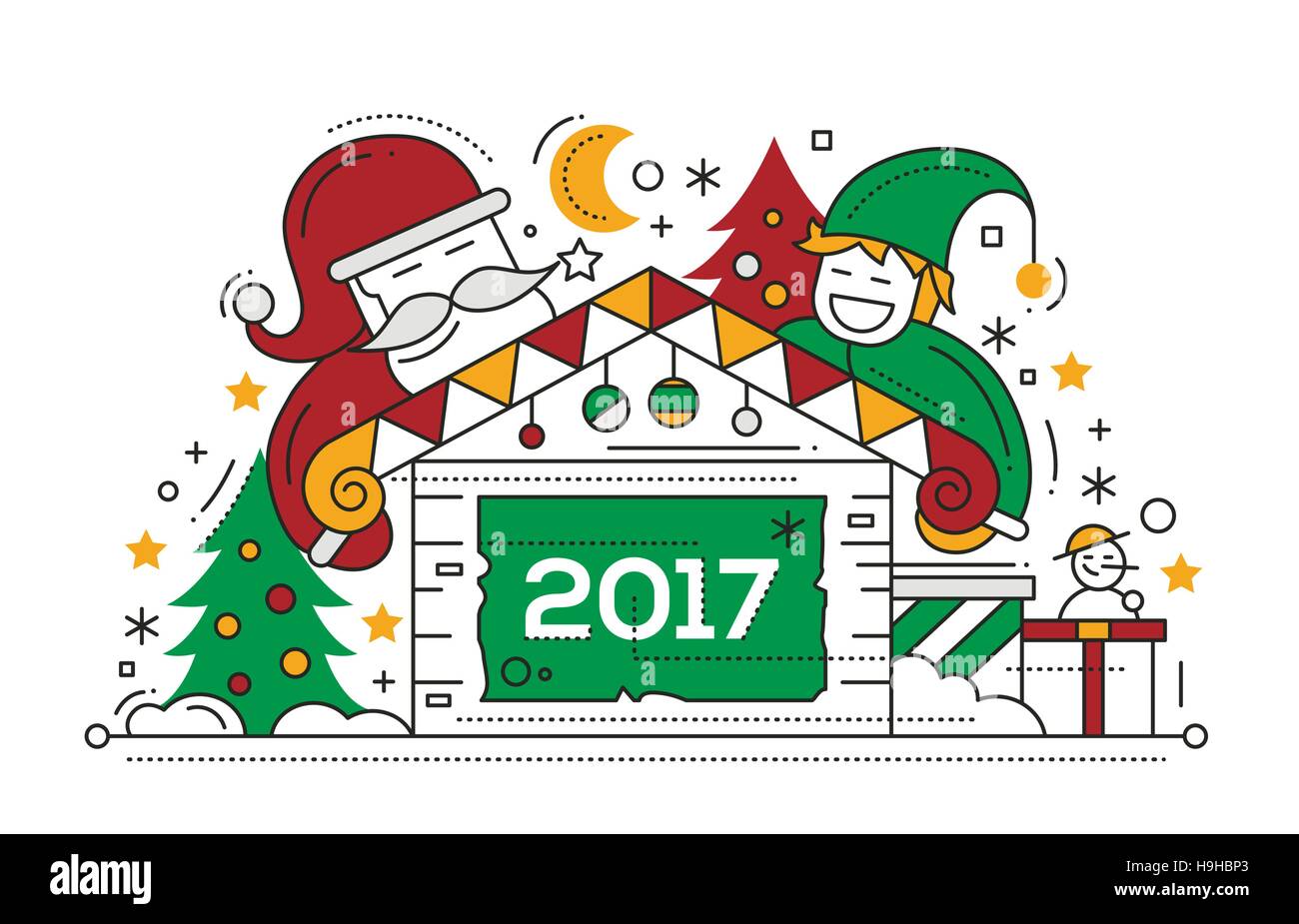 Frohe Weihnachten und Happy New Year 2017 Design Linecard mit Urlaub Symbole - Elf, Haus, Santa Claus, Schneemann Stock Vektor