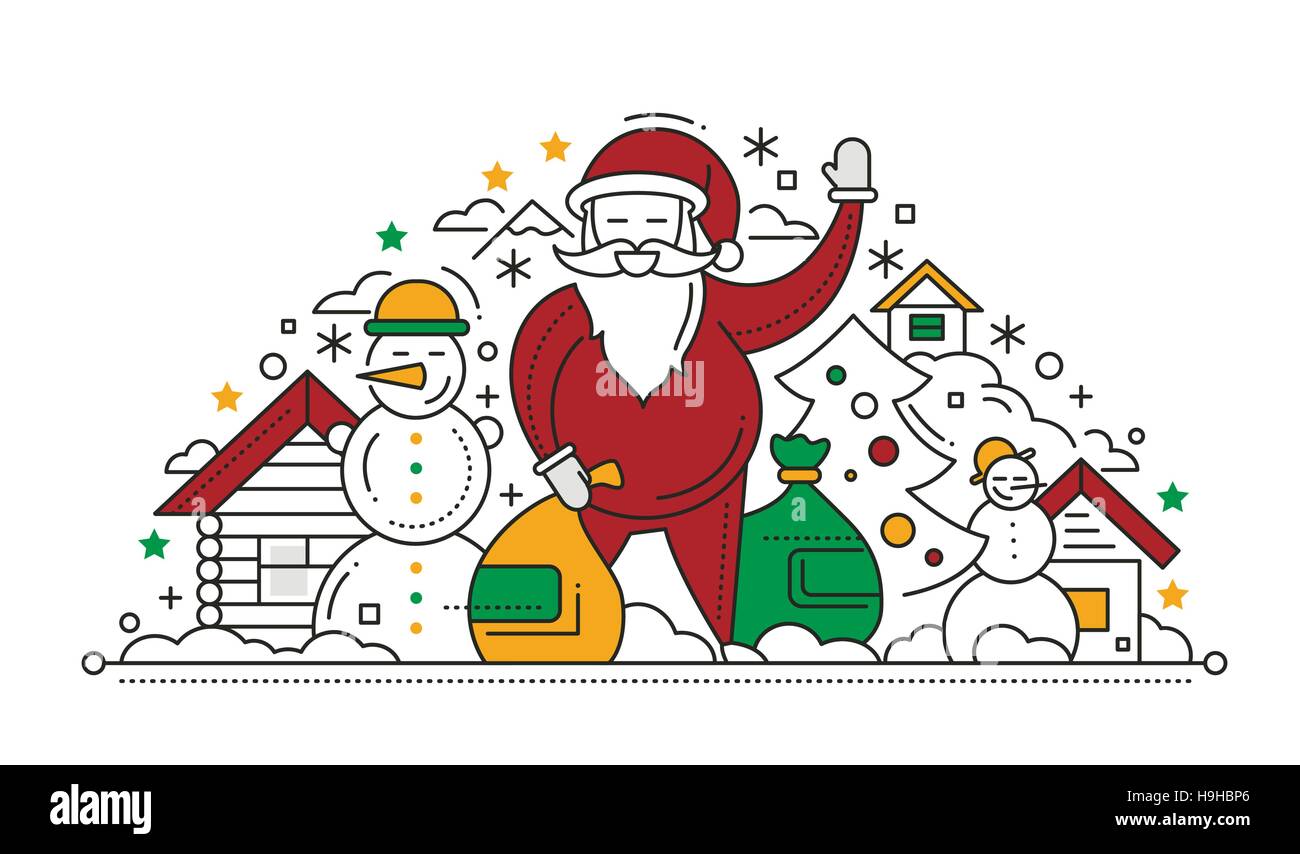 Frohe Weihnachten und Happy New Year flache Bauweise Linecard mit Urlaub Symbole - Weihnachtsbaum, Weihnachtsmann, Schneemann, Haus Stock Vektor