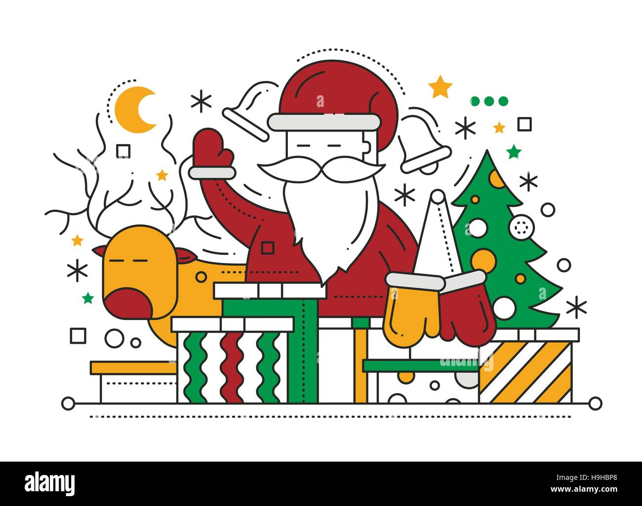 Frohe Linie flache Bauweise Weihnachtskarte mit Urlaub Symbole - Weihnachtsmann, Weihnachtsbaum, Hirsch. Geschenke Stock Vektor