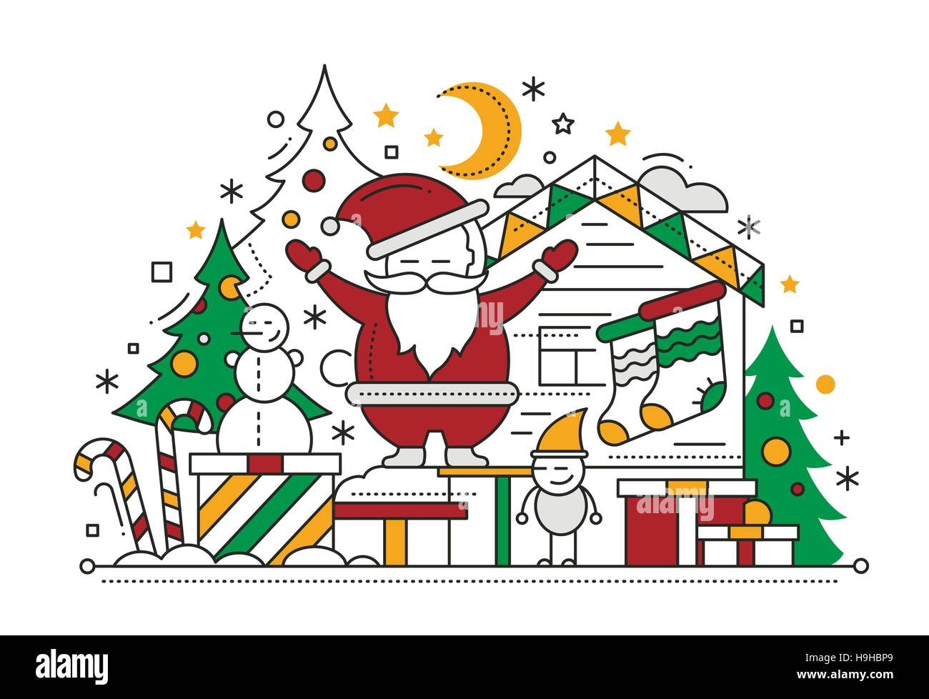 Frohe Linie flache Bauweise Weihnachtskarte mit Urlaub Symbole - Weihnachtsmann, Weihnachtsbaum, Haus. Zuckerstangen Stock Vektor