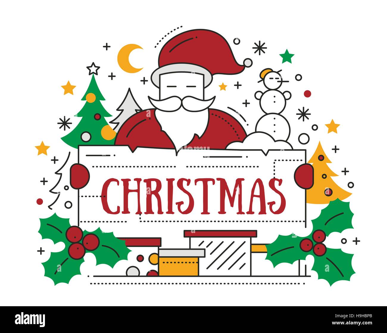 Frohe Linie flache Bauweise Weihnachtskarte mit Urlaub Symbole - Weihnachtsmann, Weihnachtsbaum, Mistel, banner Stock Vektor