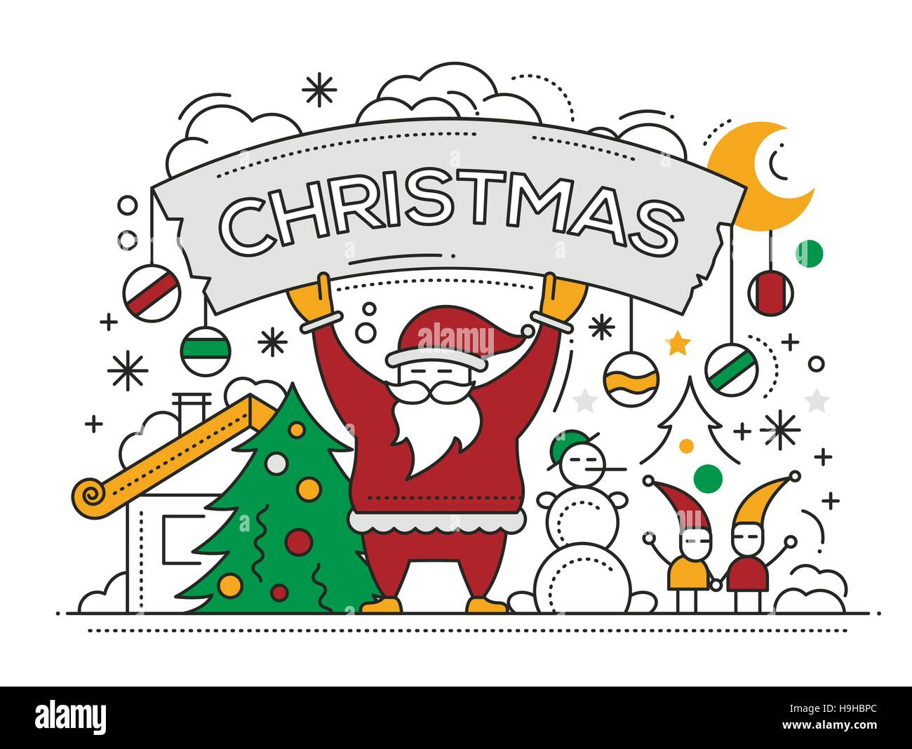 Frohe Linie flache Bauweise Weihnachtskarte mit Urlaub Symbole - Weihnachtsmann, Weihnachtsbaum, Schneemann, banner Stock Vektor