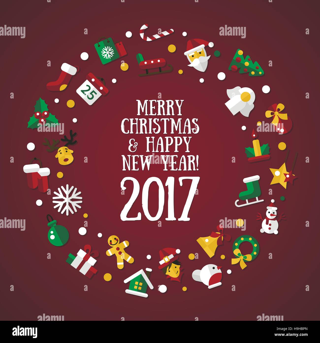 Frohe Weihnachten und Happy New Year flaches Design moderne Grußkarte Vektorgrafik mit Santa Claus, x-mas Tree, Kranz und andere Urlaub-Symbole Stock Vektor