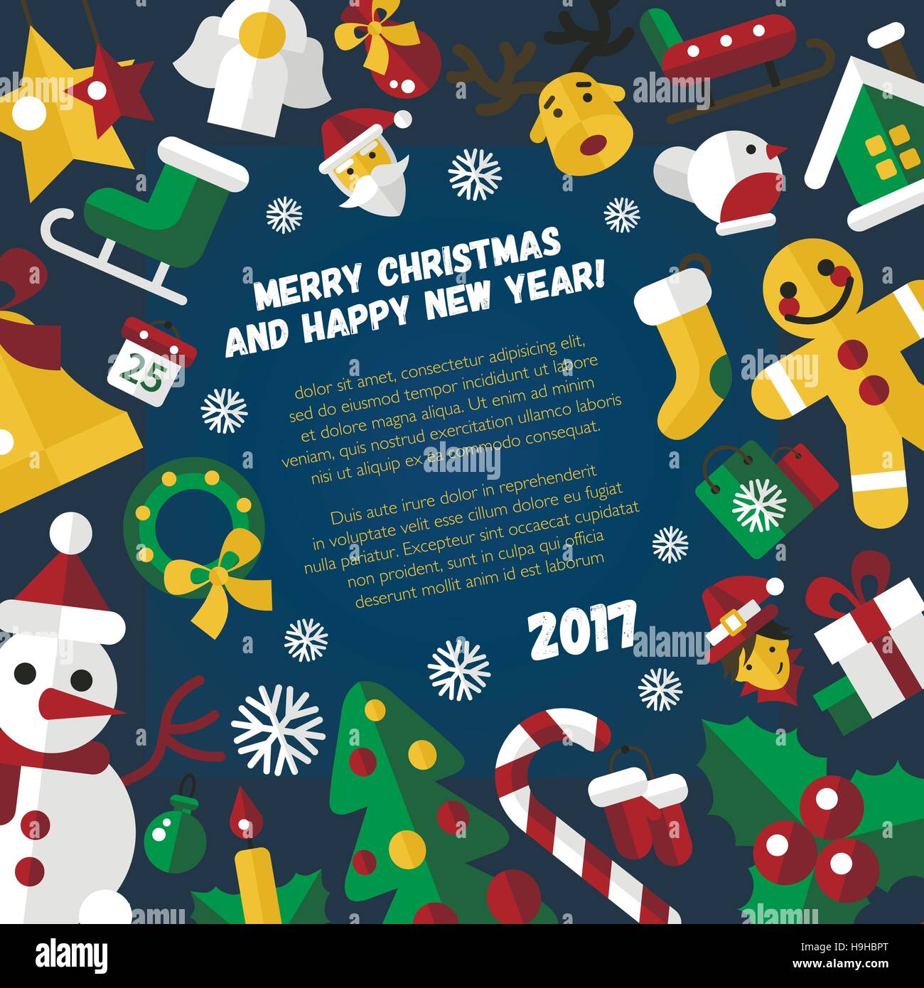 Frohe Weihnachten und Happy New Year flaches Design moderne Grußkarte Vektorgrafik mit Santa Claus, x-mas Tree, Kranz und andere Urlaub-Symbole Stock Vektor