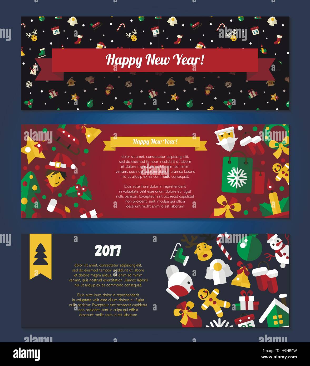 Frohe Weihnachten und Happy New Year flaches Design moderne Vektor Banner gesetzt Illustration mit Santa Claus, x-mas Tree, Kranz und andere Urlaub-Symbole Stock Vektor