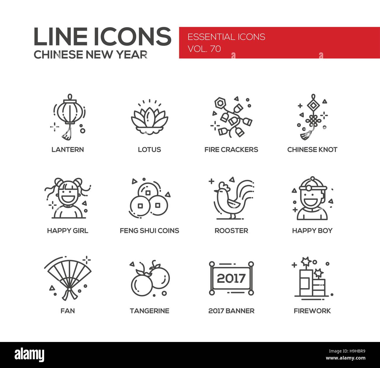 Chinesisches Neujahr - set moderne Vektor-Line-Design-Ikonen und Piktogramme. Laterne, Lotus, Feuerwerkskörper, chinesischer Knoten, fröhliches Mädchen, junge, Feng-Shui-Münze Stock Vektor