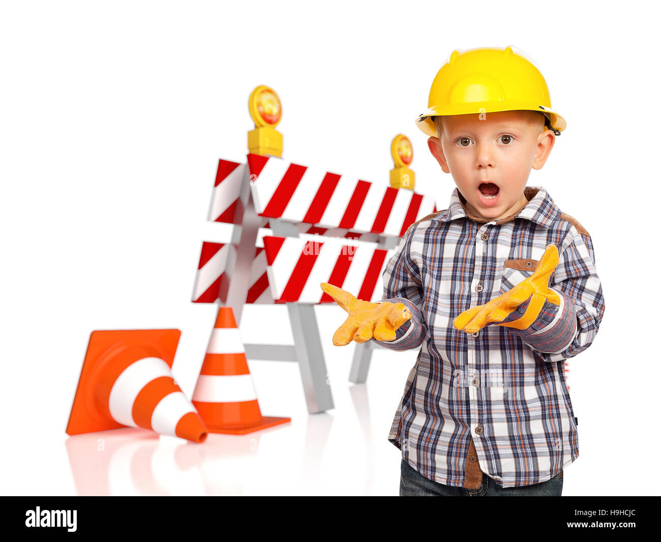 Verkehrs-Schranke 3d und Handwerker Kind Stockfoto