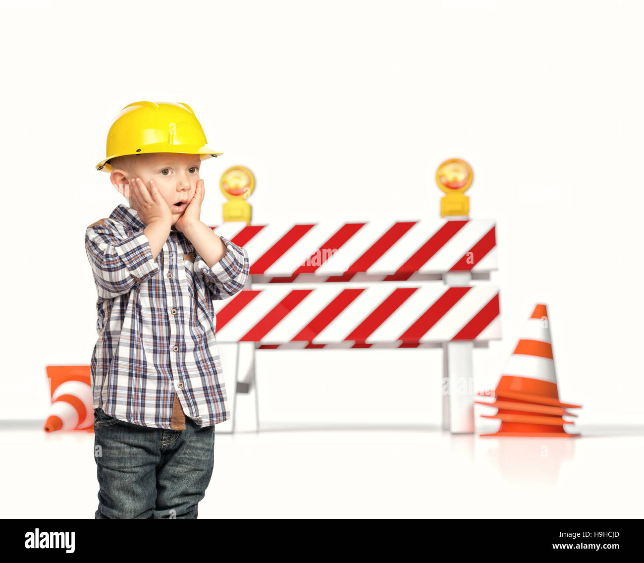 Verkehrs-Schranke 3d und Handwerker Kind Stockfoto