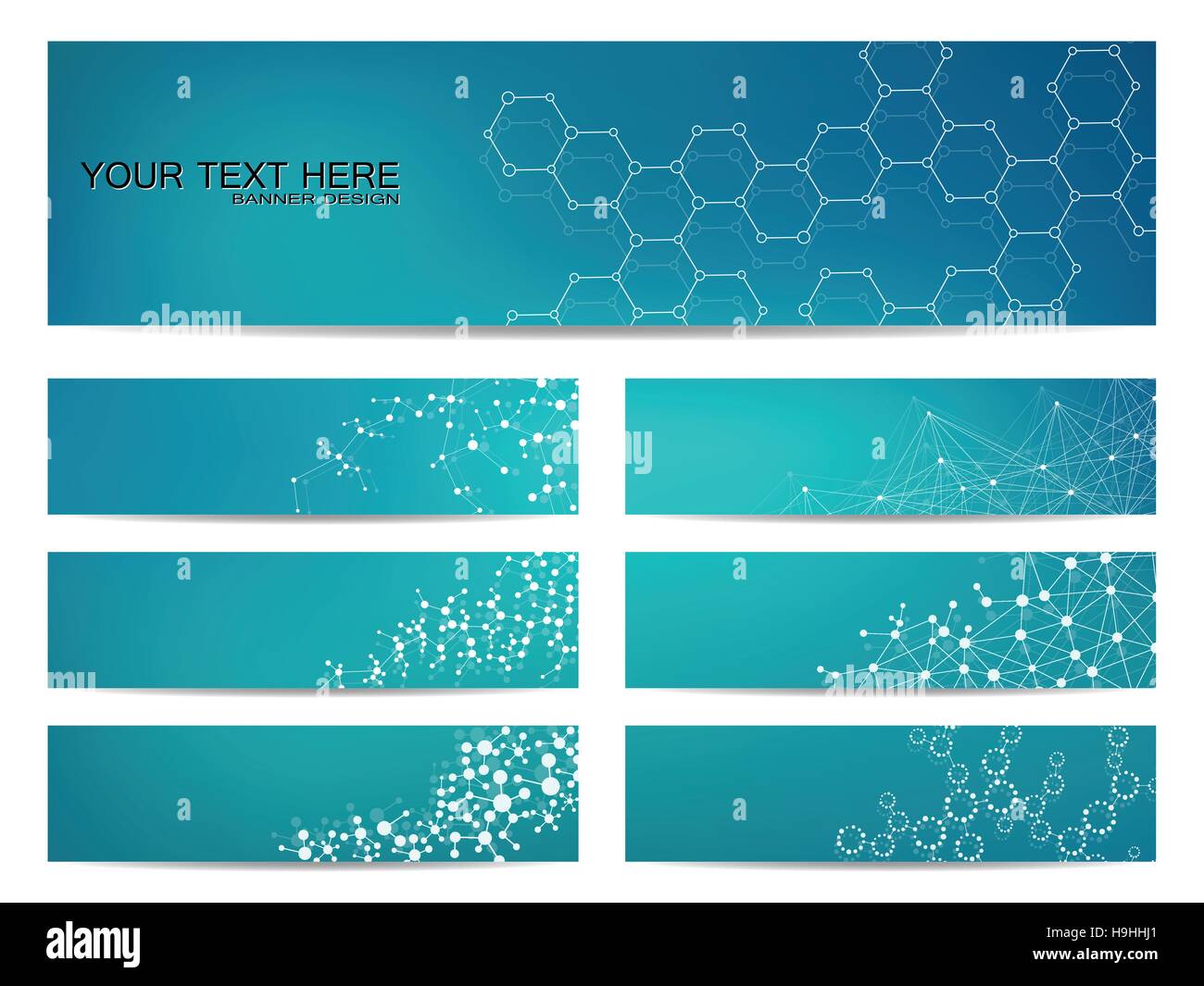 Satz von modernen wissenschaftlichen Banner. DNA-Molekül Struktur und Neuronen. Zusammenfassung Hintergrund. Medizin, Wissenschaft, Technik. Vektor-Illustration für Ihr Design. Stock Vektor