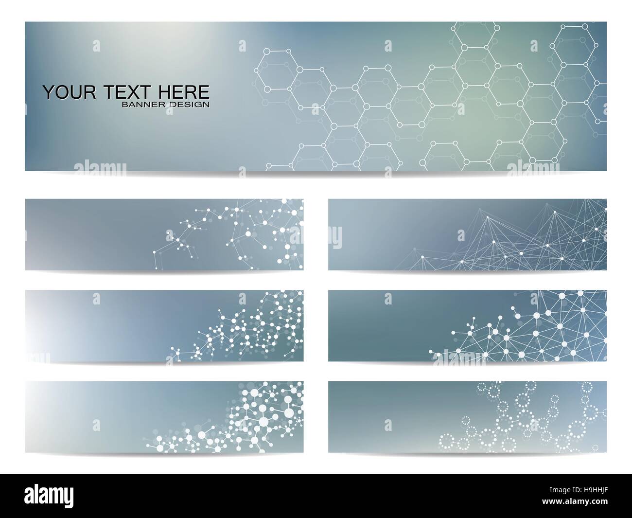 Satz von modernen wissenschaftlichen Banner. DNA-Molekül Struktur und Neuronen. Zusammenfassung Hintergrund. Medizin, Wissenschaft, Technik. Vektor-Illustration für Ihr Design. Stock Vektor