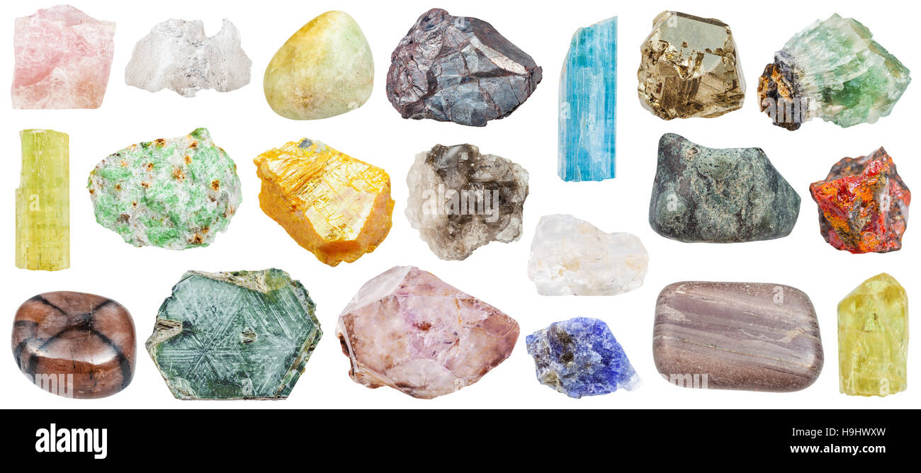 Reihe von verschiedenen Mineralien: Tansanit, Apatit, Rhusma, Fluorit, Amethyst, Phlogopit, Tonschiefer, Datolite, Suevit, Danburite, Halit, Petalite Stockfoto