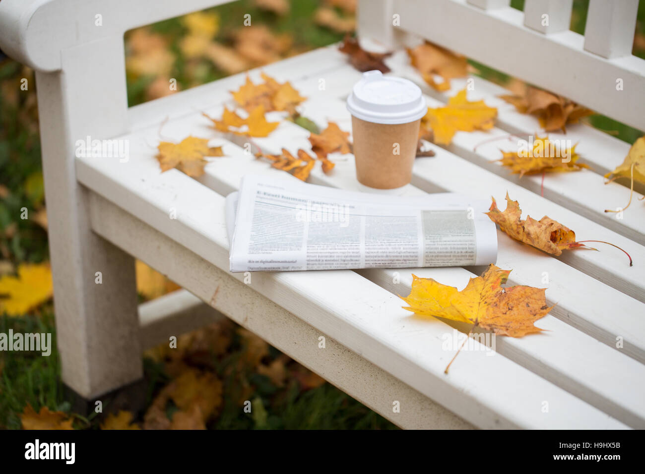 Zeitung und Kaffee Tasse auf Bank im Herbst park Stockfoto