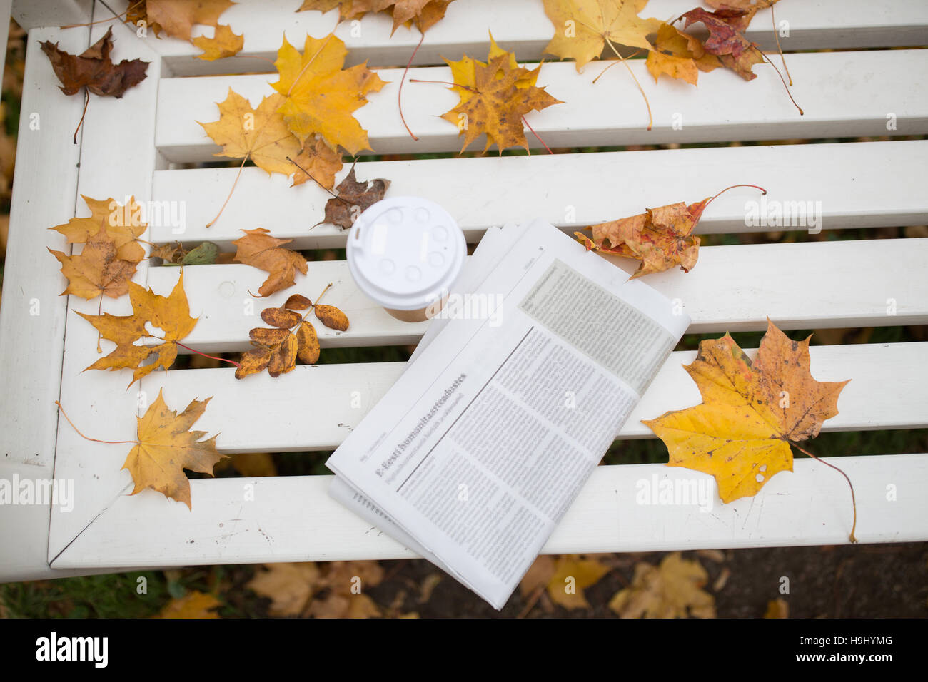 Zeitung und Kaffee Tasse auf Bank im Herbst park Stockfoto