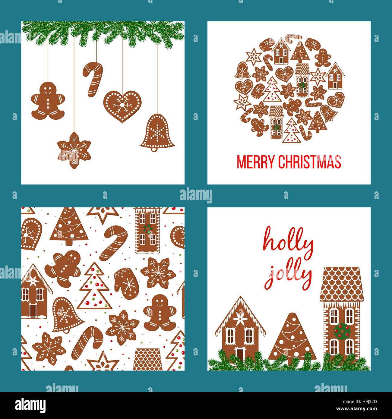 Süße Weihnachten setzen. Xmas-Thema in verschalten Quadrate mit Lebkuchen-Mann, Haus, Stern und Figuren. Hellblau Basis. Einsetzbar als Icons, Wallpaper, wr Stock Vektor Süße Weihnachten setzen. Xmas-Thema in verschalten Quadrate mit Lebkuchen-Mann, Haus, Stern und Figuren. Hellblau Basis. Einsetzbar als Icons, Wallpaper, wr Stock Vektor
