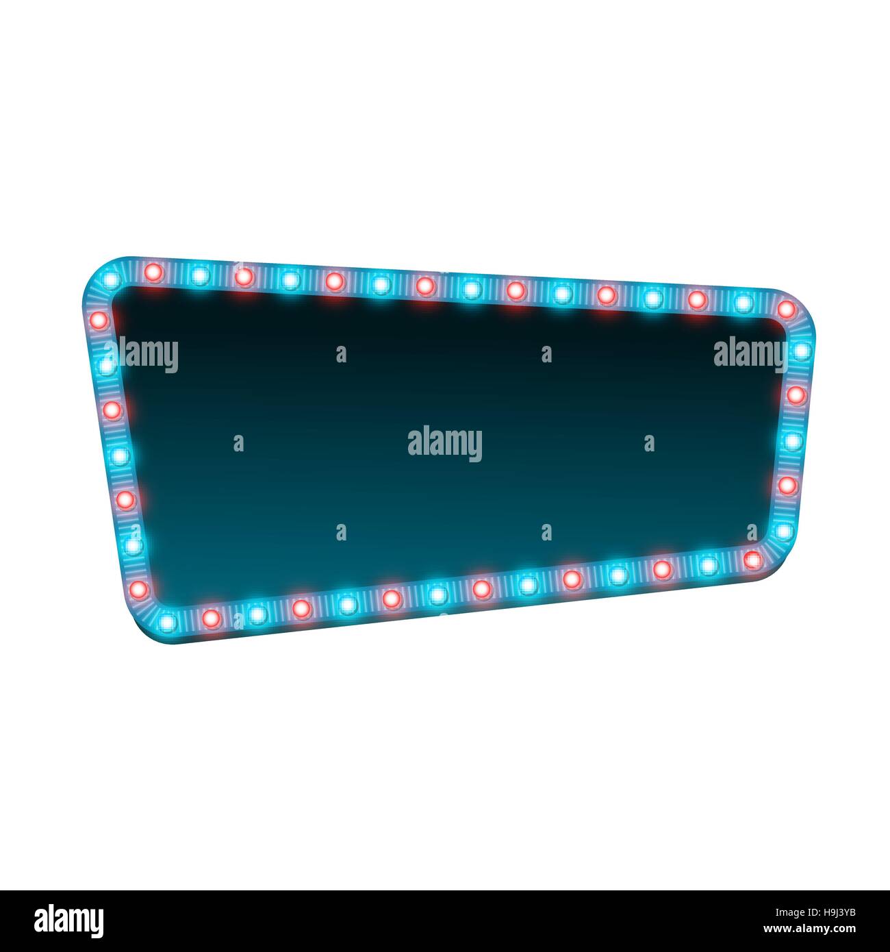 Leere 3d Retro-leichte Banner mit leuchtenden Lichter. Blaues Schild mit blauen und roten Zwiebeln und dunkle Leere Platz für Text. Vintage Straße Schild. Werbung-Frame mit Glanz. Bunte Vektor-Illustration. Stock Vektor