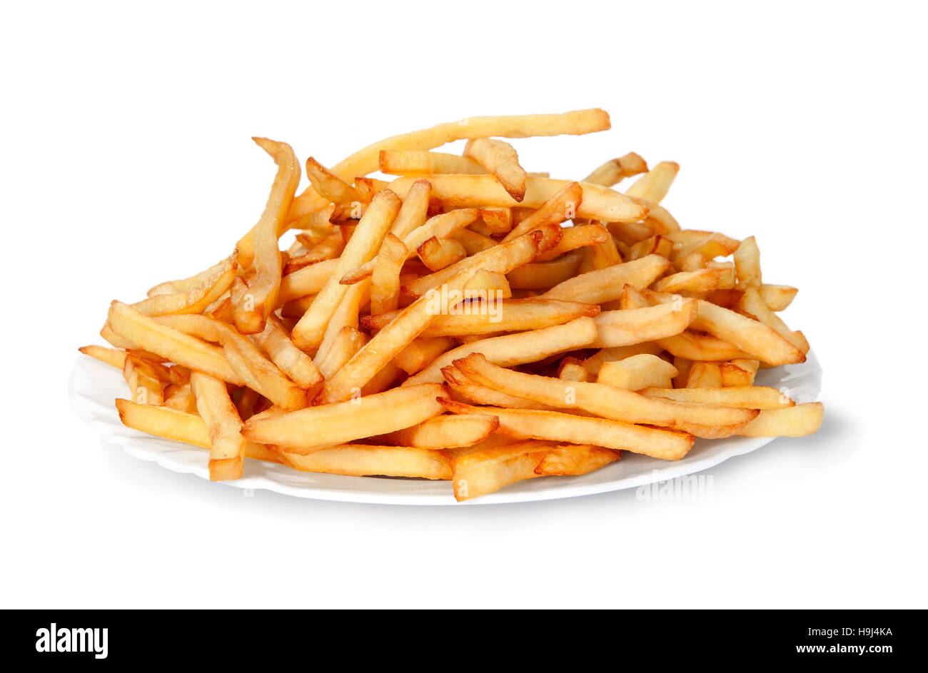 Frittierte Pommes chips im weißen Hintergrund isoliert Stockfoto