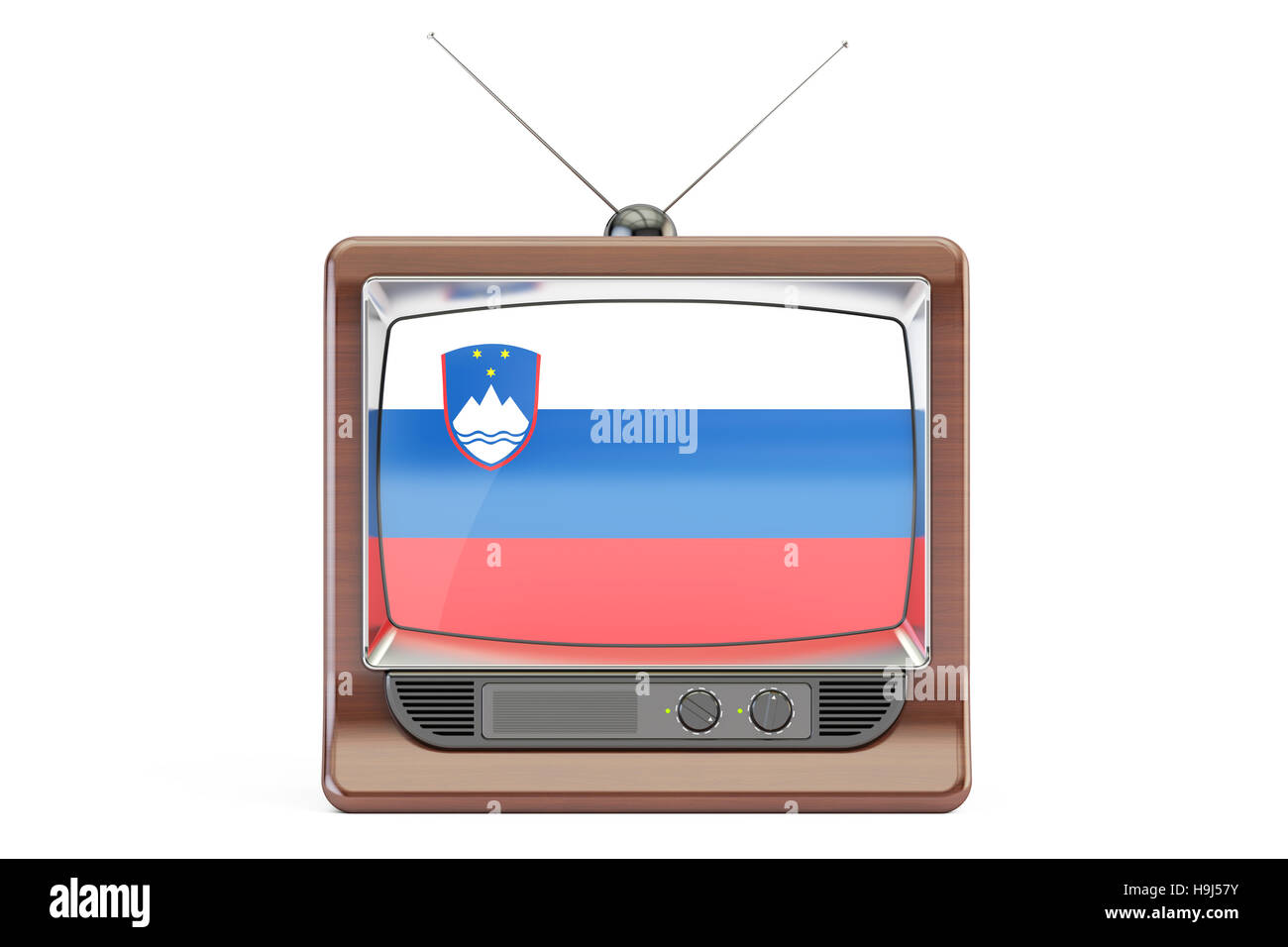 alten Fernseher mit Flagge Sloweniens. Slowenischen Fernsehen Konzept, 3D rendering Stockfoto