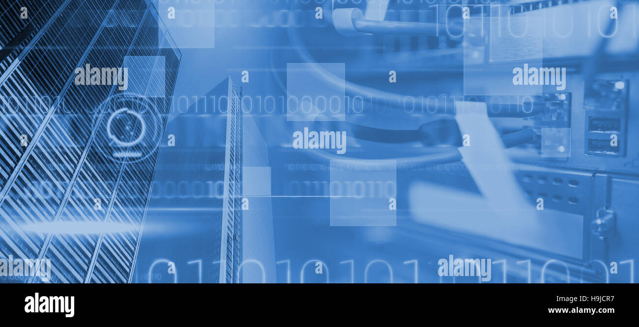 Zusammengesetztes Bild des blauen Technikgestaltung mit Binär-code Stockfoto