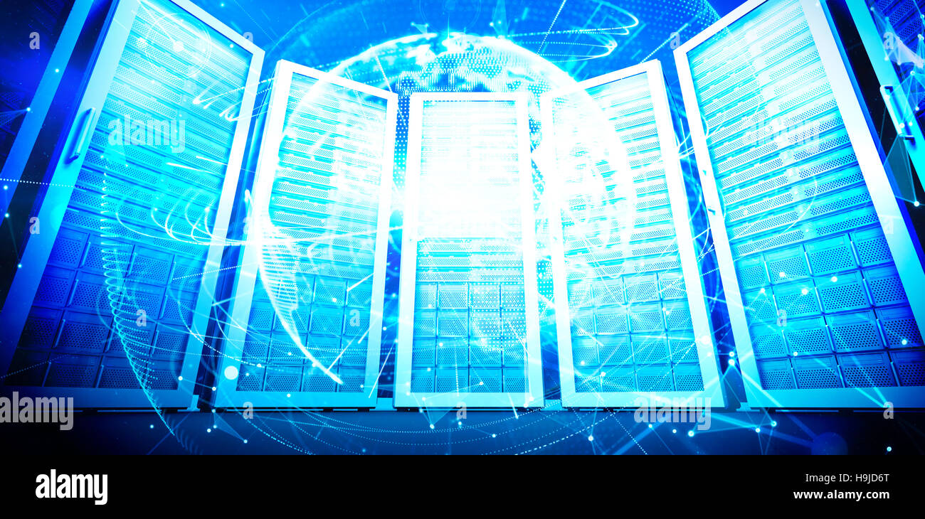 Zusammengesetztes Bild der globalen Technologie-Hintergrund in blau Stockfoto
