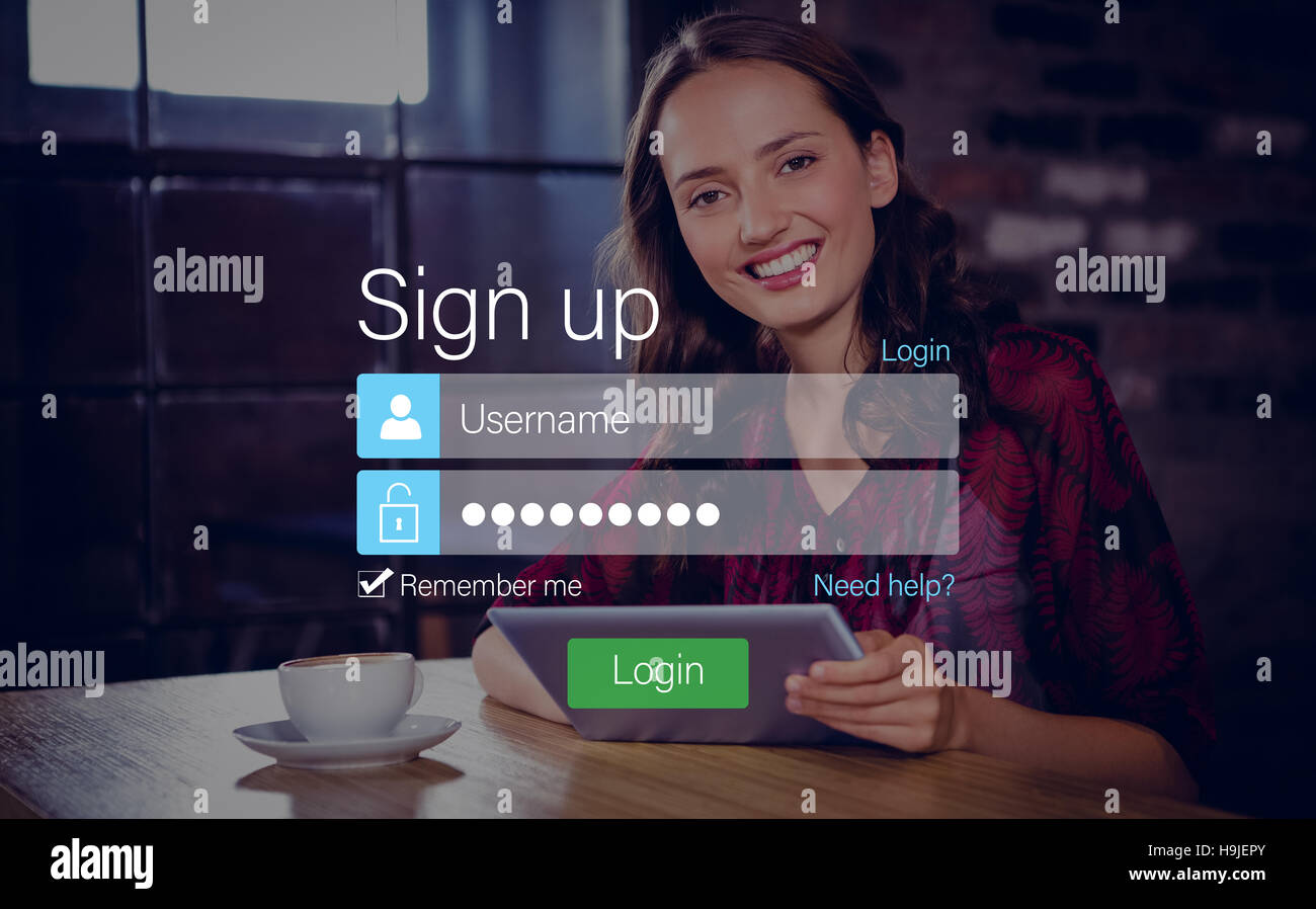 Login-Bildschirm mit dunkelhaarige Frau mit Kaffee und laptop Stockfoto