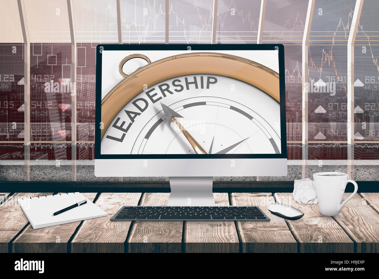 Zusammengesetztes Bild eines Computers über einen Schreibtisch Stockfoto