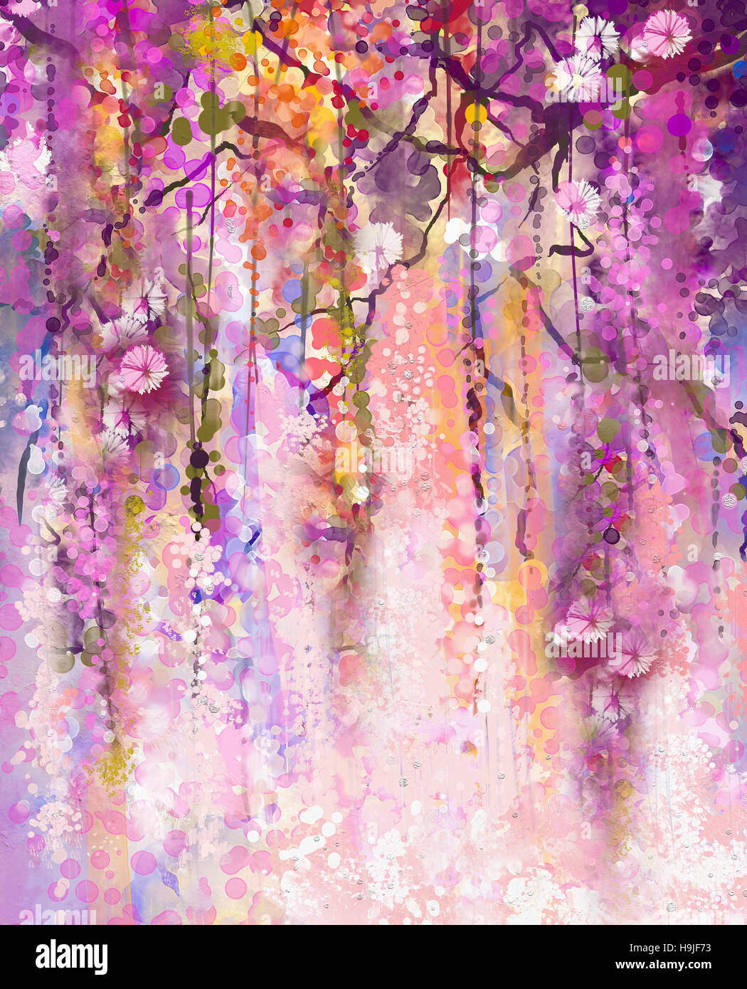 Abstrakte Aquarell Blumen. Frühling lila Blumen Wisteria Hintergrund Stockfoto