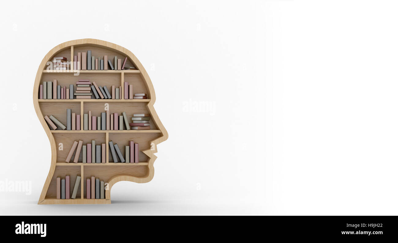 Menschliches Gesicht Form Bücherregale auf weißem Hintergrund Stockfoto