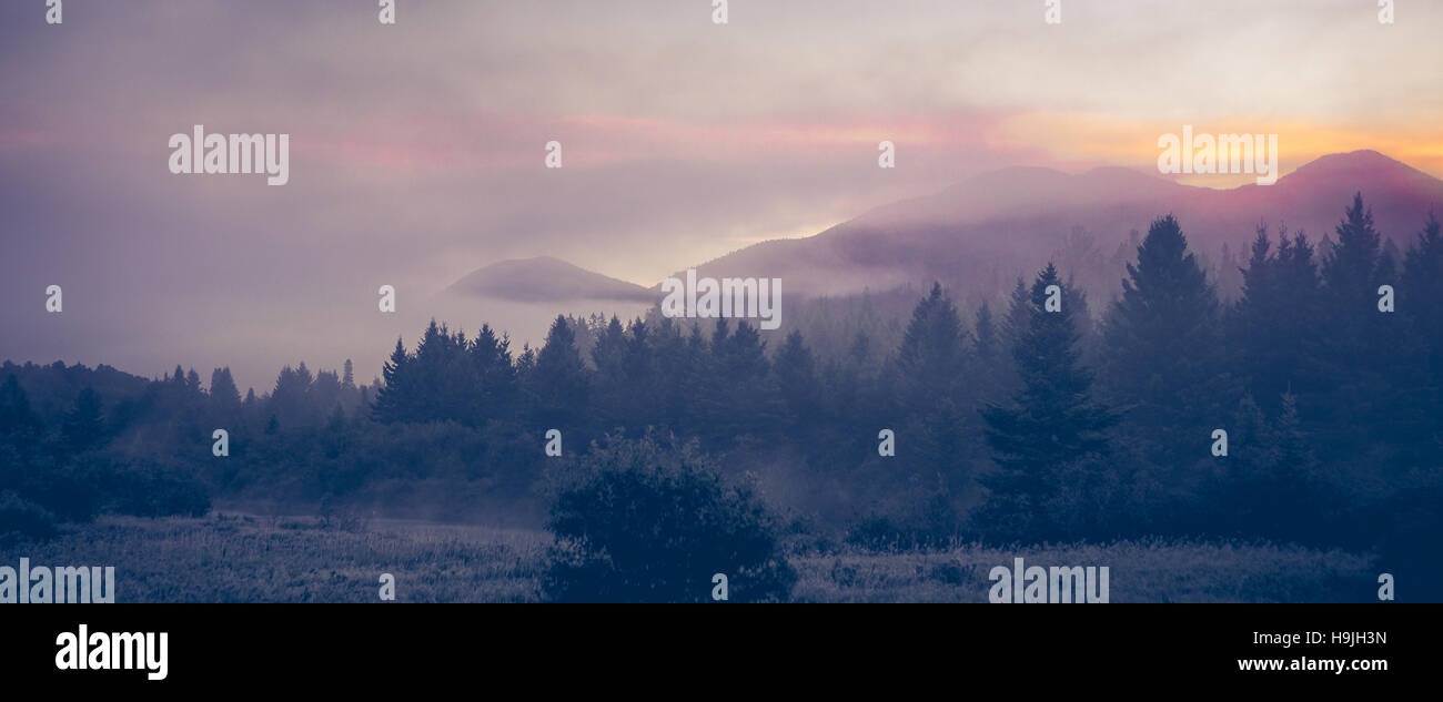 Eine frühe Herbst Frost Taut als Nebel löscht um Adirondack Berge in Upstate New York zu offenbaren. Stockfoto