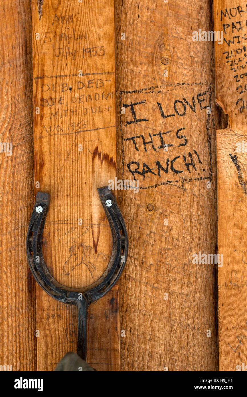 WY01181-00... WYOMING - Detail der Tack Wand des Zimmers auf der CM-Ranch in der Nähe von Dubois. Stockfoto
