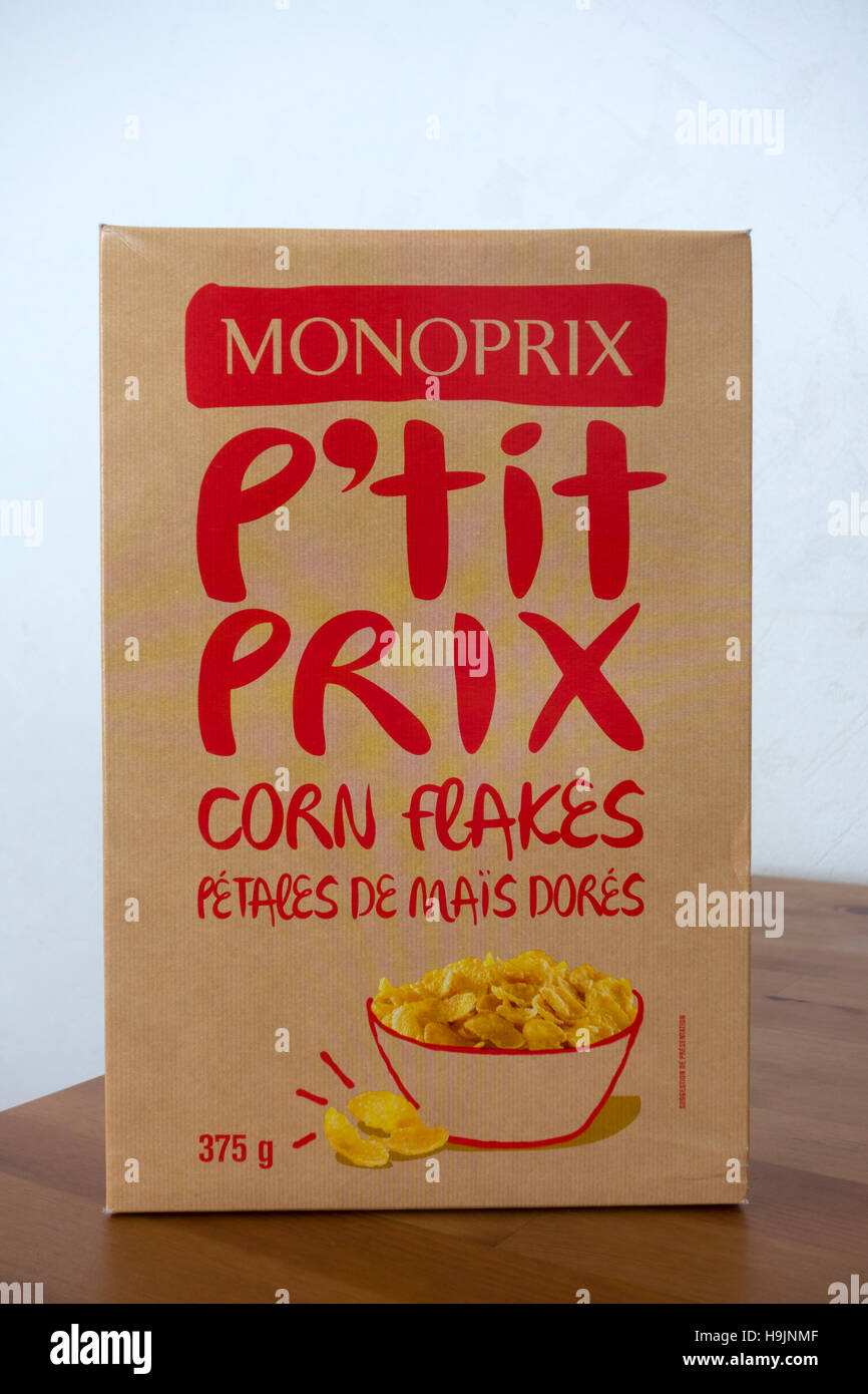 Monoprix (französischer Supermarkt) Cornflakes, aus einer niedrig-Preis ("P'tit Prix") Reihe von Eigenmarken, Frankreich Stockfoto