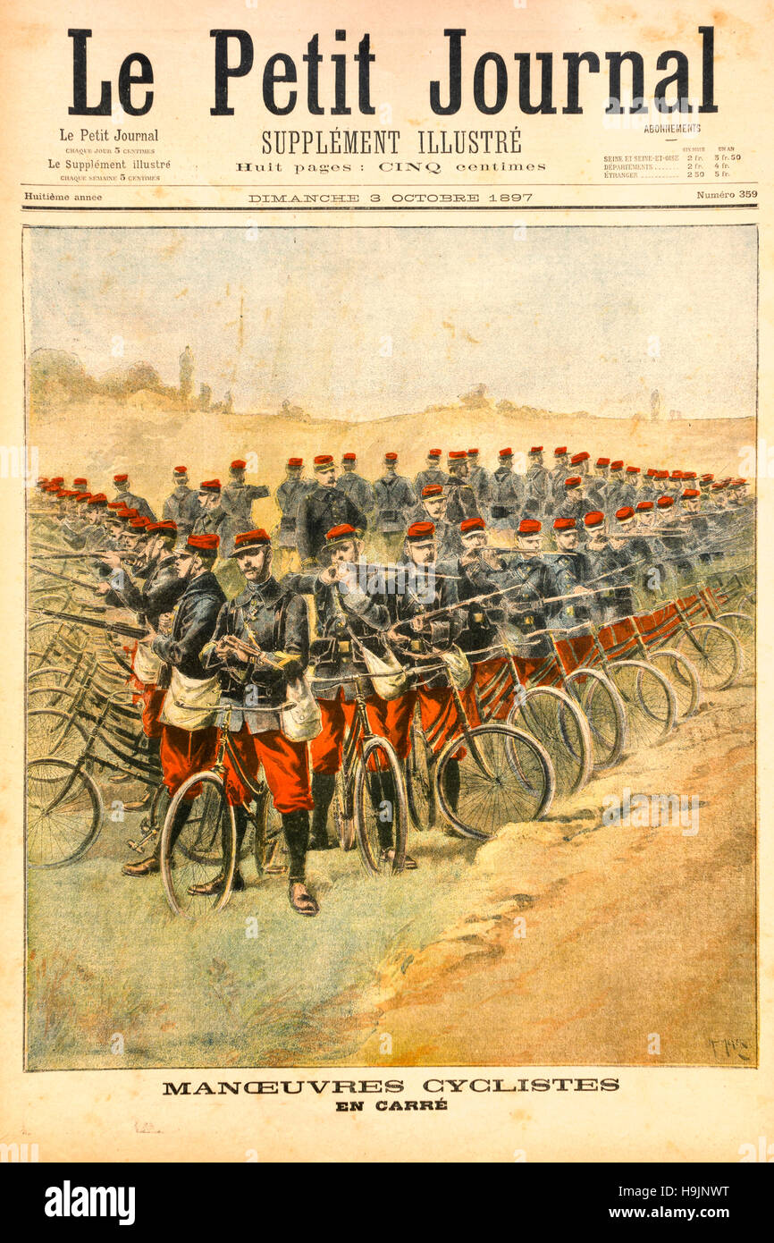 Radfahrer-Soldaten üben eine quadratische Formation, abgebildet auf der Titelseite des illustrierten Beitrags von Le Petit Journal, 1897. Stockfoto
