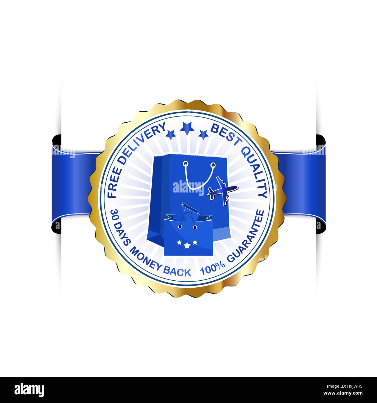 Kostenlose Lieferung, beste Qualität, Zufriedenheit garantiert 30 Tage Geld-zurück - blaue Abzeichen mit Einkaufstüten für Retail-Geschäft Stockfoto