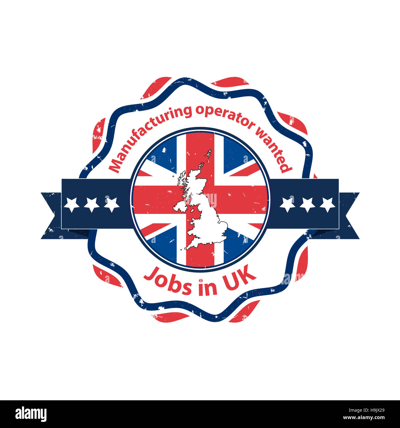 Herstellung von Betreiber wollte. Jobs in UK - Geschäft Grunge beschriften / Abzeichen / Symbol mit der Fahne und der Karte des Vereinigten Königreichs Stockfoto