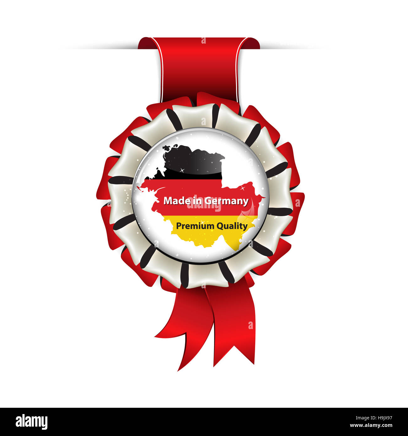 Made in Germany Premium-Qualität - Auszeichnung Band mit der Karte und Flagge Deutschlands Stockfoto