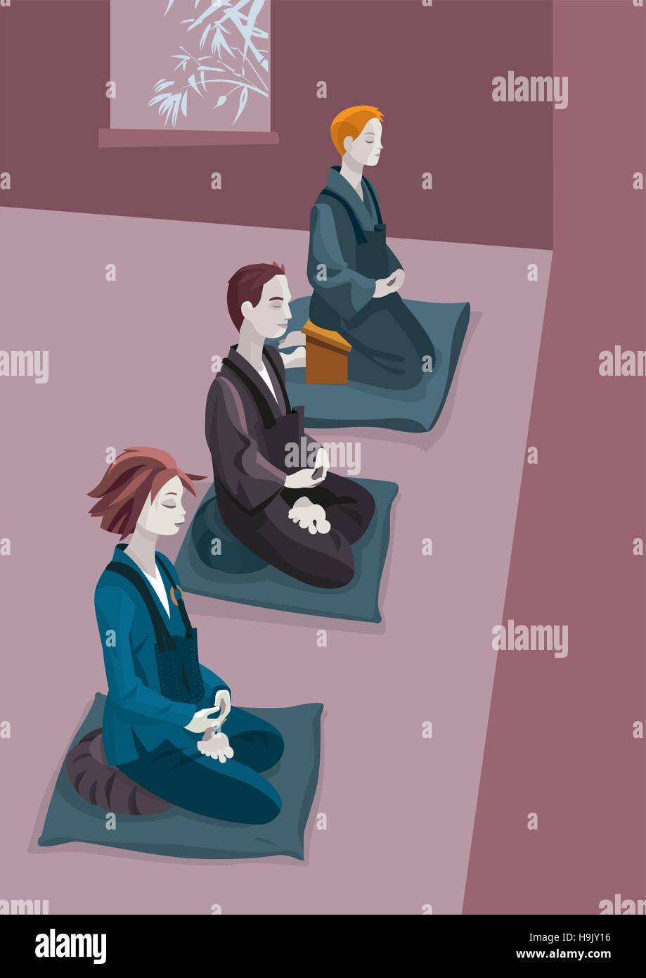 Eine Gruppe von Menschen, die Praxis der Zen-Meditation (Zazen). Sitzen in Stille konzentriert in der Luft und im Koan MU. Achtsamkeit Stock Vektor