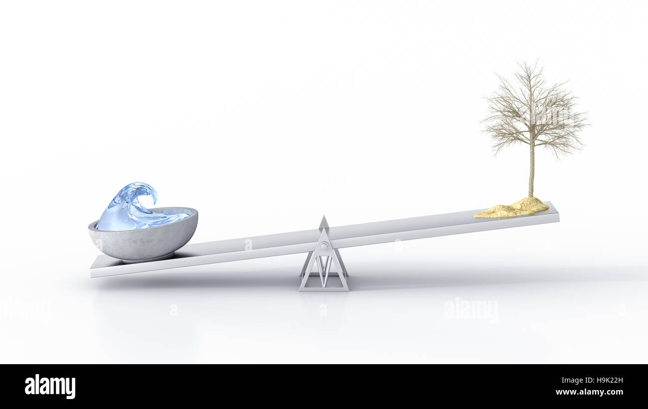 Schüssel mit Wasser und ausgetrockneten Baum auf Wippe vor weißem Hintergrund Stockfoto