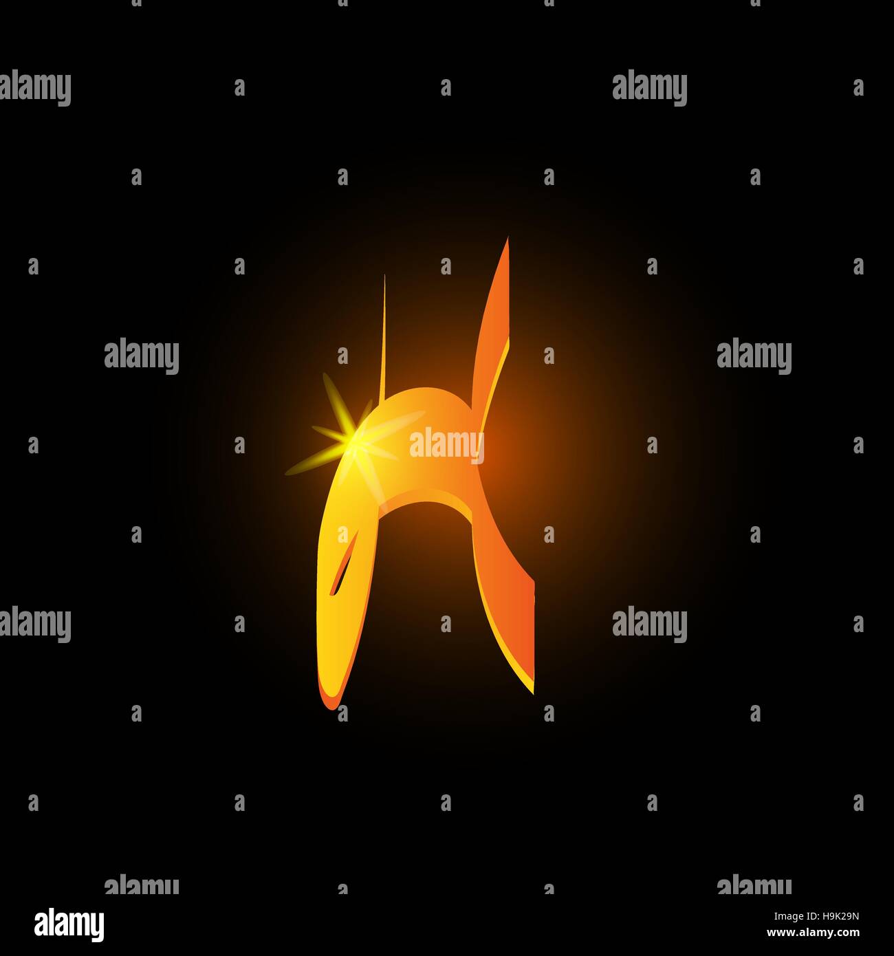 Goldenen Arabeske Brief h. glänzende lateinische Alphabet Elementsymbol auf schwarzem Hintergrund. Orientalische Kalligraphie Design. Feurige dekorative Vektor-illustration Stock Vektor