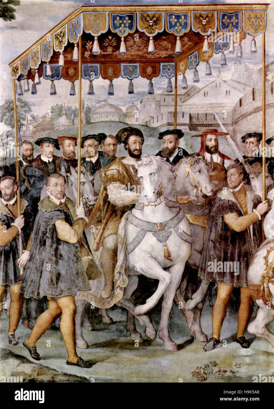 Königliche Eintrag von Kaiser Karl v., Franz i. von Frankreich und Alessandro Cardinal Farnese in Paris, Villa Farnese Stockfoto
