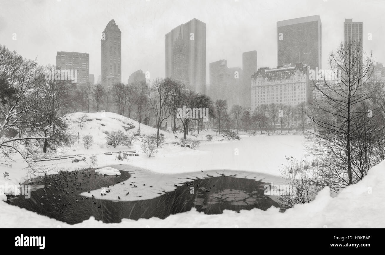 Tiefgekühlte Teich und heftige Schneefälle im Central Park mit Panoramablick auf Manhattan Wolkenkratzer. Midtown in New York City (B&W) Stockfoto