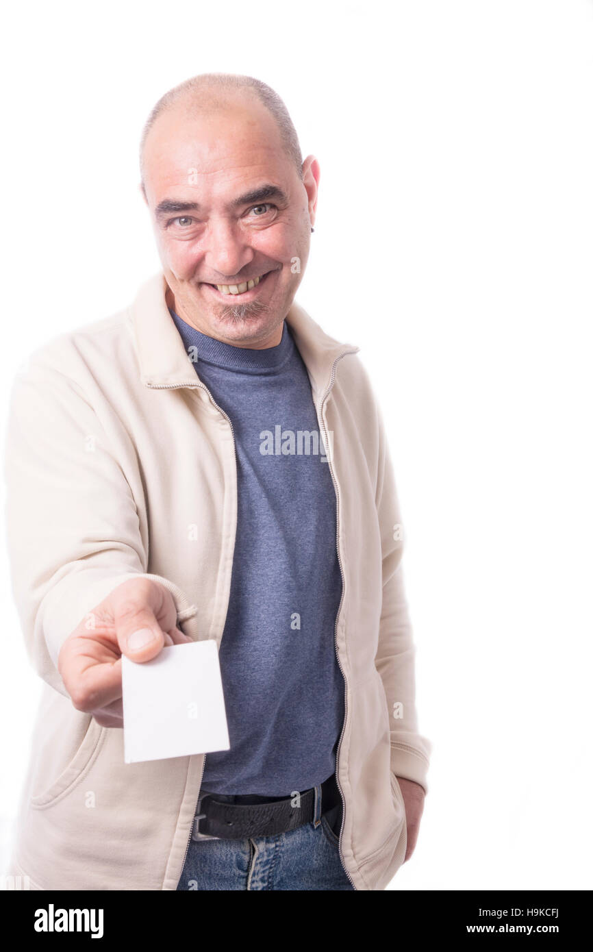 Mann hält Visitenkarte Stockfoto